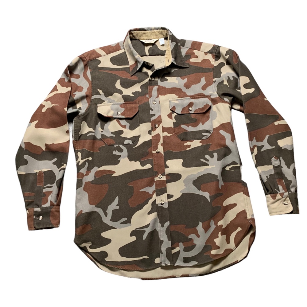 Cabelas Mens Camo Button Down Shirt Utility Hunting Brown Green Large USA Made